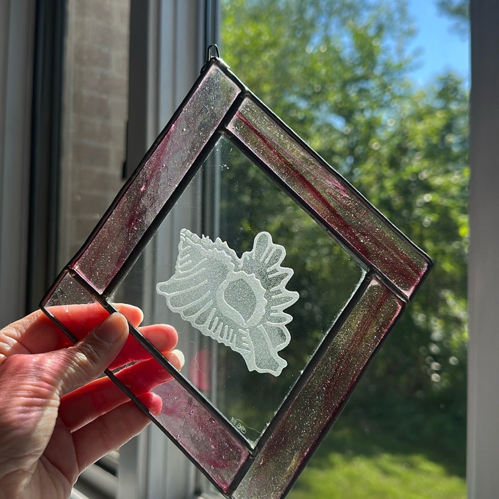 Vintage Stained Glass Diamond w/ Shell Window Hanger signed🌸🐚